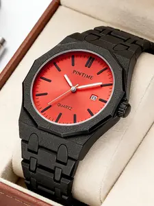 Men's Quartz Watch, Stainless Steel Band, Waterproof Night Glow, Trendy Hip Hop Design, Business Calendar Wristwatch, Water Resistant Watch, Casual Analog Watch