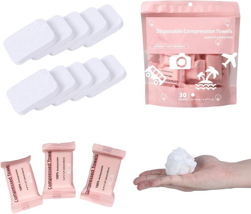 Disposable compressed towel tablets — portable, compact face towels suitable for home use, camping, hiking, travel, picnics, and gym workouts. Ideal for on-the-go hand cleansing, facial cleansing, and makeup removal. 1 pack, 30 count, size 9.4″ × 11.8″.