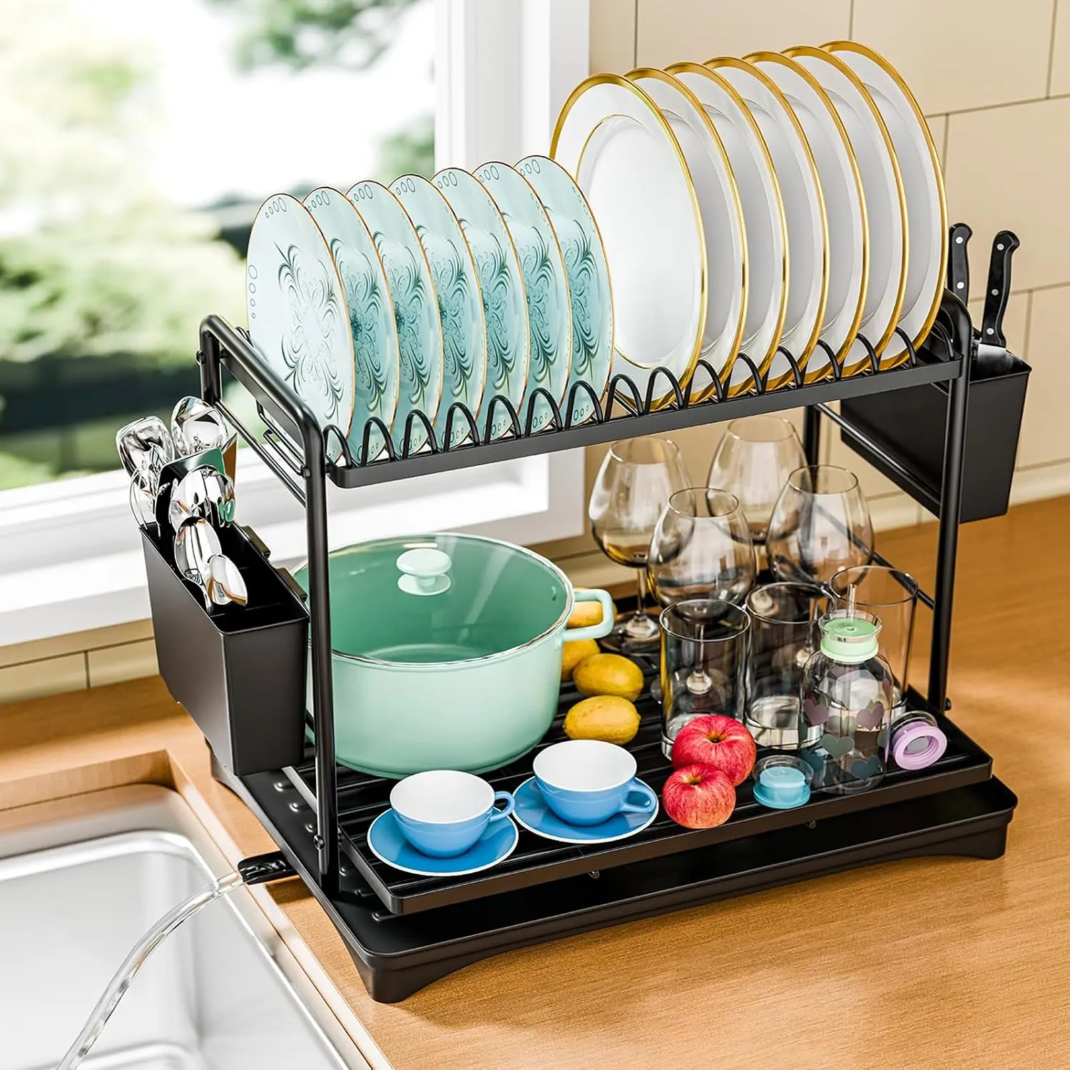 Dish Drying Rack 2 Tier, Stainless Steel Dish Drainers with Utensil Holder and Drainboard for Kitchen Sink Organizers
