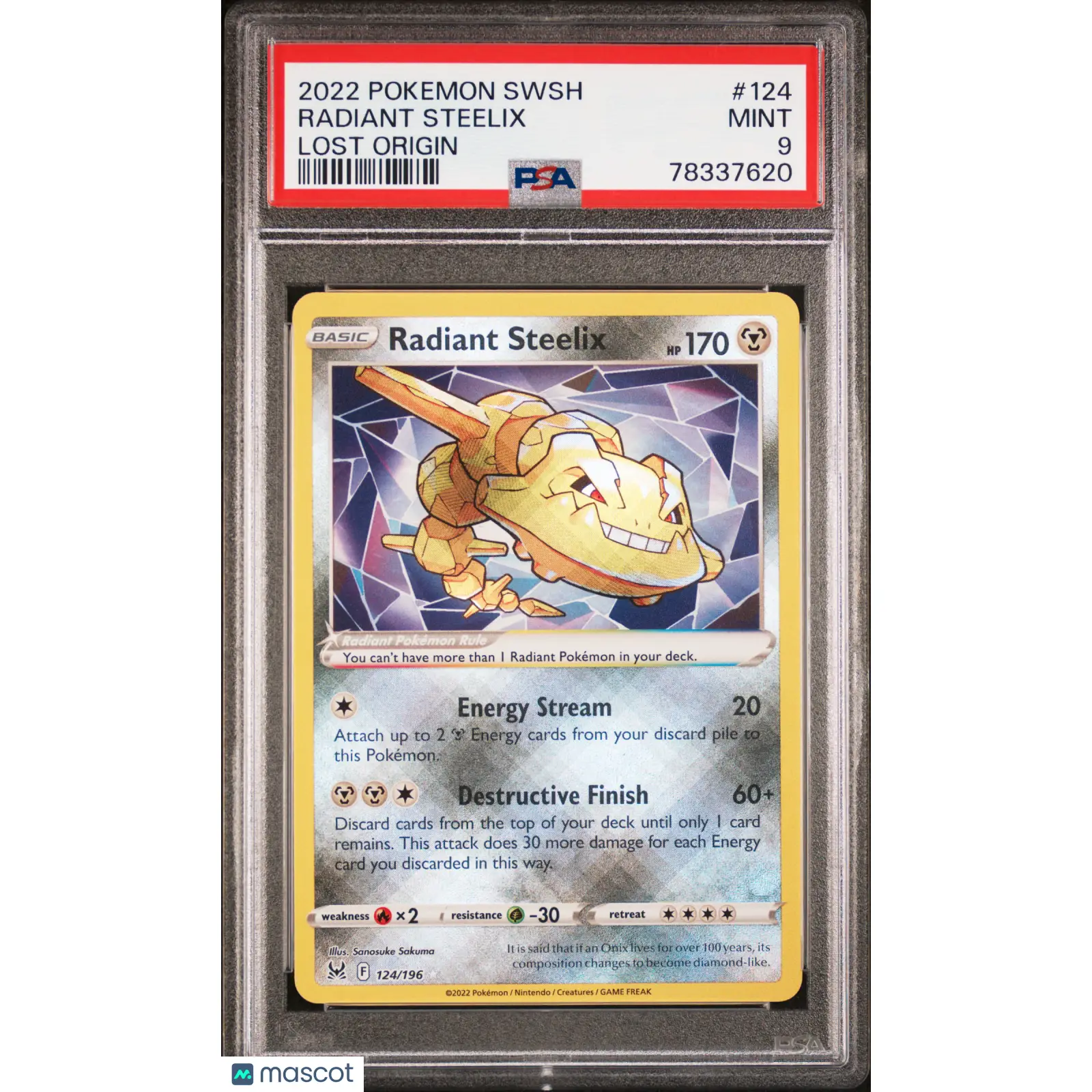PSA 2022 Pokémon Radiant Steelix #124 Lost Origin 9 Graded Card