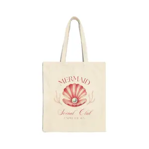 Mermaid Social Club Cotton Canvas Tote Bag  - Pink Ocean Pearl & Seashell Clamshell Design  | Canvas Bag | Womenswear |  | Beach Bag | Vacation Outfit | Black Casual Tote