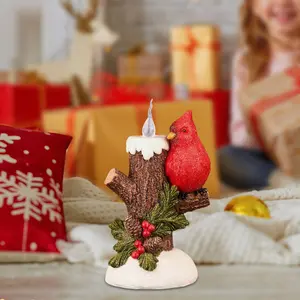 Christmas Robin Candle Holder Resin Figurine, Lifelike Bird on Branch LED Light, Battery Operated, Perfect Holiday Decor Gift