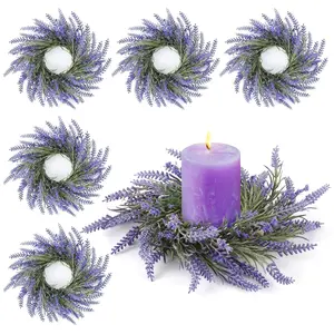 2-Piece Set 8-Inch Mini Lavender Candle Ring Wreath, Flower Centerpiece Decor for Spring Summer Kitchen Cabinet Wedding Home Door Desktop