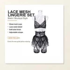 Black Lace Mesh Garter Lingerie Set with Tulle Waist Detail lip print girly swimsuit