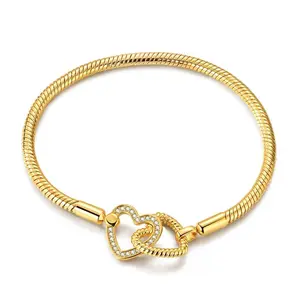 MULA 14K Gold Plated Interlocking Hearts Snake Chain Bracelet – 925 Sterling Silver Double Heart Clasp with Pave Zirconia & Rope Texture, Compatible with Pandora Charms, Romantic Valentine's Day Gifts for Her
