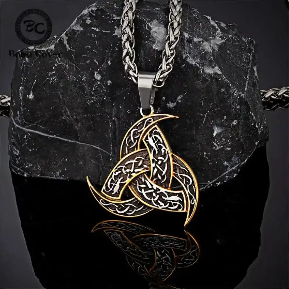 Unisex Triskelion Triple Crescent Moon Pattern Celtic Norse Balanced Pendant Necklace, Stainless Steel Spiritual Chain Jewelry, 60cm Chain, for Daily Wear