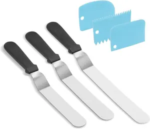 Durable Non-Slip Stainless Steel Angled Offset Icing Spatula Set (15 inch), 3-Pack Flexible Plastic Cake Scrapers Smoother, Kitchen Bakeware for Pastry Decorating Tools