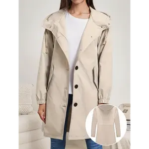 Button Front Hoodie Rain Jacket, Casual Long Sleeve Slant Pockets Drawstring Windbreaker Jacket, Women's Clothing  aesthetic raincoat sophie rain jacket umbrella  hat Snow Garden Boots Collapsible Vampire Umbrella  Fabric Womenswear Polyester Tops Outerwe