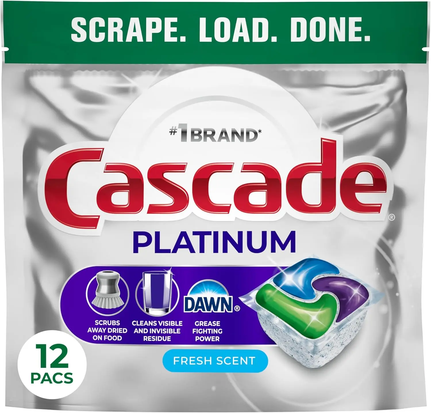 Cascade Platinum Dishwasher Pods - Fresh Scent Kitchen Dish Detergent Soap, 12-Count