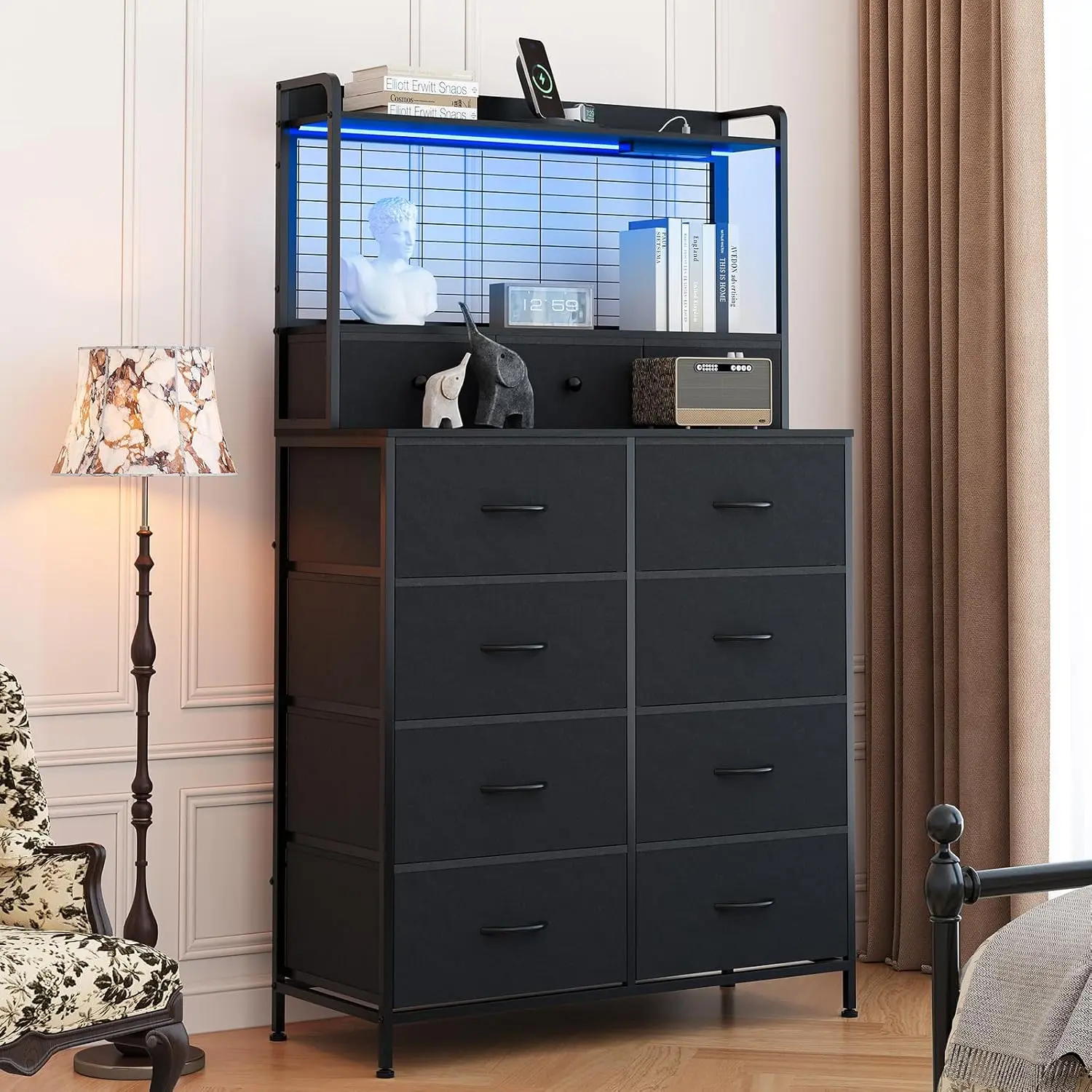 Black Industrial Wood Drawers Dresser with 11 Fabric Drawers, Built-in Charging Station, App-Controlled RGB LED Lighting, Anti-Tipping Design - Bedroom, Living Room Storage Organizer