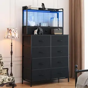 LED Lighted Charging Dresser with 11 Fabric Drawers, Built-in Charging Station & App-Controlled RGB LED Lighting - Industrial Storage Organizer with Anti-Tipping Design for Bedroom, Living Room, Closet, Black