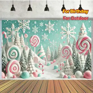 1pc 2D Flat Winter Wonderland Candy Land ft Polyester Backdrop - Versatile for Birthday Parties, Photo Booths & Outdoor Celebrations, No Power Needed