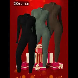 Sporty Women's Solid Color Half Zip Mock Neck Sports Jumpsuit, Casual Comfy Breathable Long Sleeve Skinny Jumpsuit for Yoga Gym Workout, Workout Gym Clothing, Athletic Training Apparel