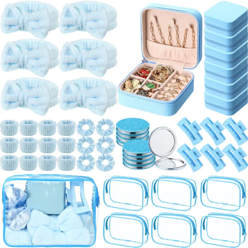 48PCS Pink Spa Party Favors Pink Set for Women - Sleepover Supplies with Headbands, Wristbands, Scrunchies, Hair Clips, Jewelry Case, Makeup Bags, Mirrors - Bridesmaid Proposal Return Gifts