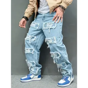 1pc MEN'S classic ripped denim jeans, loose fit straight leg, casual hip-hop style, solid color, non-stretch, regular length, Four Seasons, adult-basics collection