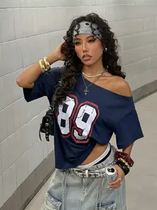 Women's '89' Number Print Off-Shoulder T-Shirt, Y2K Sports Streetwear, Loose Fit Casual Top, Long Sleeve, Daily Wear & Street Style