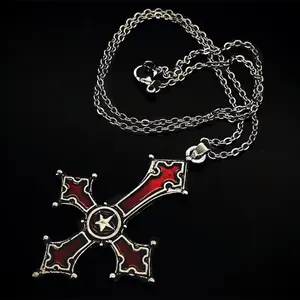 Titanium Steel Cross Necklace Gothic Blood Red Inverted Cross Pendant Necklace Punk Style Couple Gift