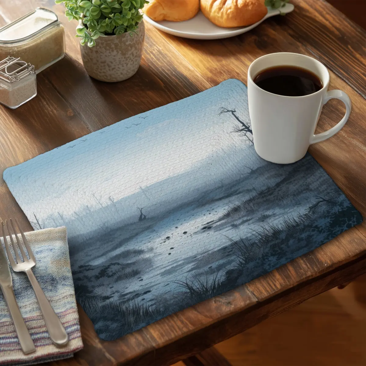 14x18 in. Durable Heat-Resistant Modern White Braided Polyester Dining Placemat with Coasters, MWW CBPM14180MXN7T, Non-Slip Indoor Kitchenware Tableware Accessory for Swampy Lands Decor & Special Gatherings