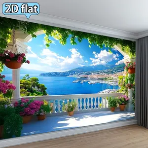 2D Flat, 2D Flat Design Decorative Banner. This Wall Hanging Depicts the Turquoise Bay of Monaco, Ideal Interior Decor for Bedrooms, Living Rooms and All Spaces, Also Perfect as Party Backdrop Banners., 2D Flat