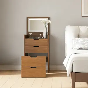 3-in-1 Vanity Desk with Lighted Mirror & Stool, Flip Top Makeup Dressing Table, Compact Storage for Bedroom, Bathroom, Dressing Room(18.9"L, Walnut)