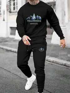 Fashionable and personalized two-piece men's set with long sleeves and pants printed with "YELLOWSTONE Yellowstone Mountains" daily casual simple round neck long sleeved spring and autumn clothing two-piece printed men's fashionable sportswear Menswear