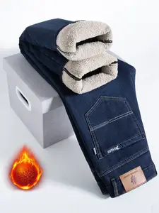 Men's Fleece Lined Denim Jeans, Winter Loose Straight Leg Warm Casual Pants, Thickened Thermal Comfortable Men's Clothing