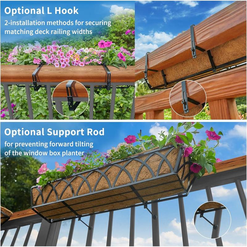 24 inch Window Deck Rail Planter Including Coco Liner, 24" Dia Window Box Horse Trough with Coconut Coir Liners, Black Metal Hanging Flower Planter Basket for Indoor Outdoor Lawn - Set of 2