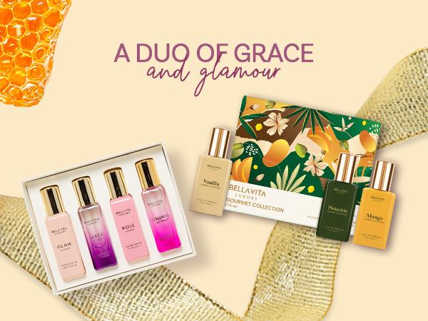 Sprinkle Me Pretty by BellaVita Luxury | Perfume Combo Gift Set | Gourmand Collection 3x20 ml & Women’s Mini Set 4x20 ml | Long Lasting Unisex Perfume | Vanilla, Mango, Pistachio, Senorita, Rose, Date & Glam | Vegan & Cruelty Free Eau De Parfum