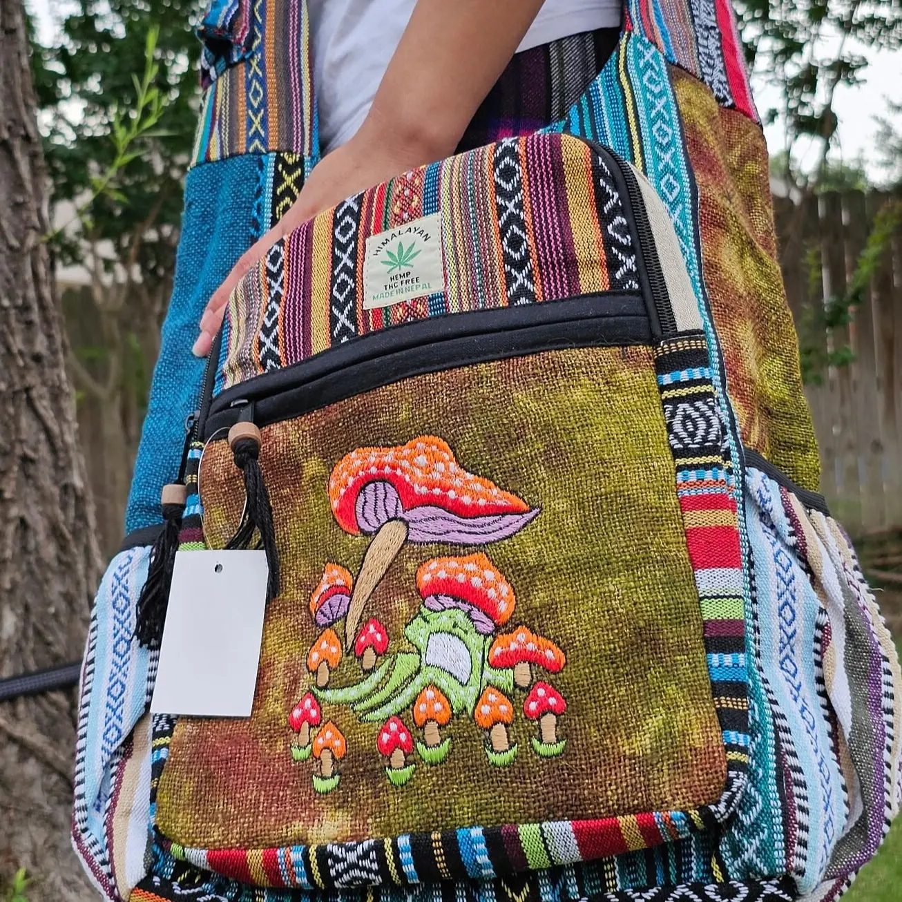 Organic Unique Patchwork Light weight Cotton Embroidery Mushroom Hemp Handmade Boho Multi-Purpose Cross Body Festival Nepalese Jogi Bag