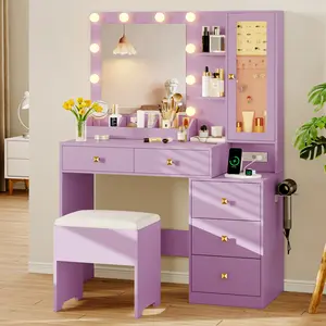 RGB Lighted Makeup Vanity Desk, Full Mirror Dressing Table with 5 Drawers, Power Charging Station & Stool, Small Modern Vanity Table for Girls & Women Bedroom