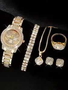 A set of luxurious quartz Roman numeral wristwatch jewelry for women, including 6 pieces