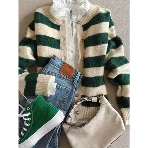 Fashion Warm Sweater For Autumn And Winter, Green Stripe Feel Comfortable, Flower Shape Button Round Neck Long Sleeve Knit Sweater Cardigan,Fall Clothes For Women, Winter Clothes For Women,Fall Tops,Work/Office, Business Woman
