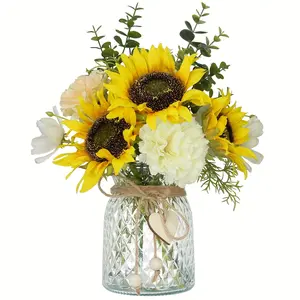 Silk Sunflower Bouquet in a Glass Vase - Artificial flowers with rustic burlap ribbons, vibrant yellow and white dining table centerpieces, coffee table decorations, Christmas, Thanksgiving, Graduation, seasonal decorations mothers  day  bouquet