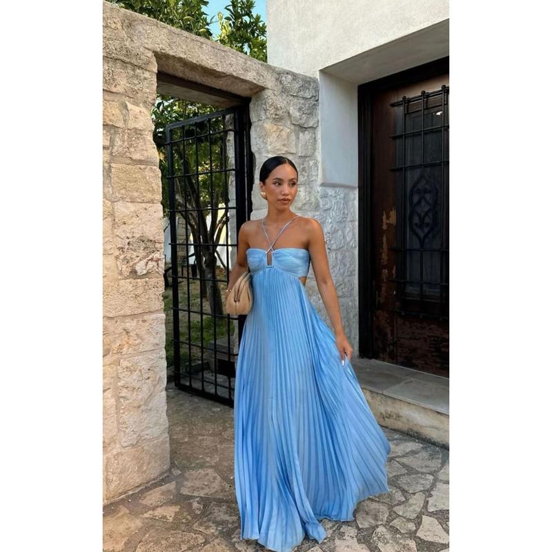 Pure Color Tube-top Brunch Summer Dress in Sky Blue Pleated Design for Elegant Events