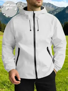 Men's Waterproof Windproof Drawstring Zipper Hooded Jacket, Lightweight Sports Jacket, Outdoor Sports Coat, Hiking, Daily Wear, All Seasons, Fitted Style