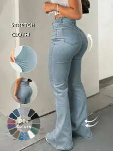 Y2K Women's High Waist Fitted Flare Leg Jeans, Casual Button Fly Pocket Design, Bell Bottom Denim, All Seasons, Kardashian Style, Fashionable, Light Wash