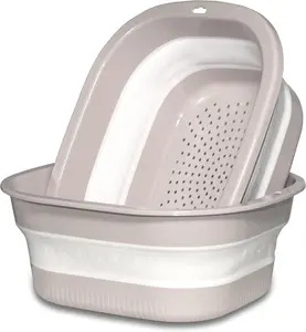 Collapsible Dish Basin with Colander, Foldable 2-in-1 Dish Pan and Strainer Set with Drain Holes, Portable Wash Basin for Kitchen Sink, Camping, Travel & RV (Pink)