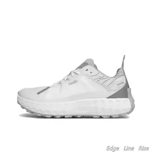 Off-White Runners with Light Gray-Silver Structural Line, Warm Orange Transition Band & Contoured EVA Midsole — Dark Gray Rubber Outsole, Geometric Groove Tread for Trail Grip