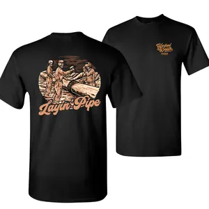 Layin’ Pipe Funny Skeleton Graphic Shirt, Black Cotton Tee for Pipeline Workers, Blue Collar Crew Workwear with Retro Construction Art