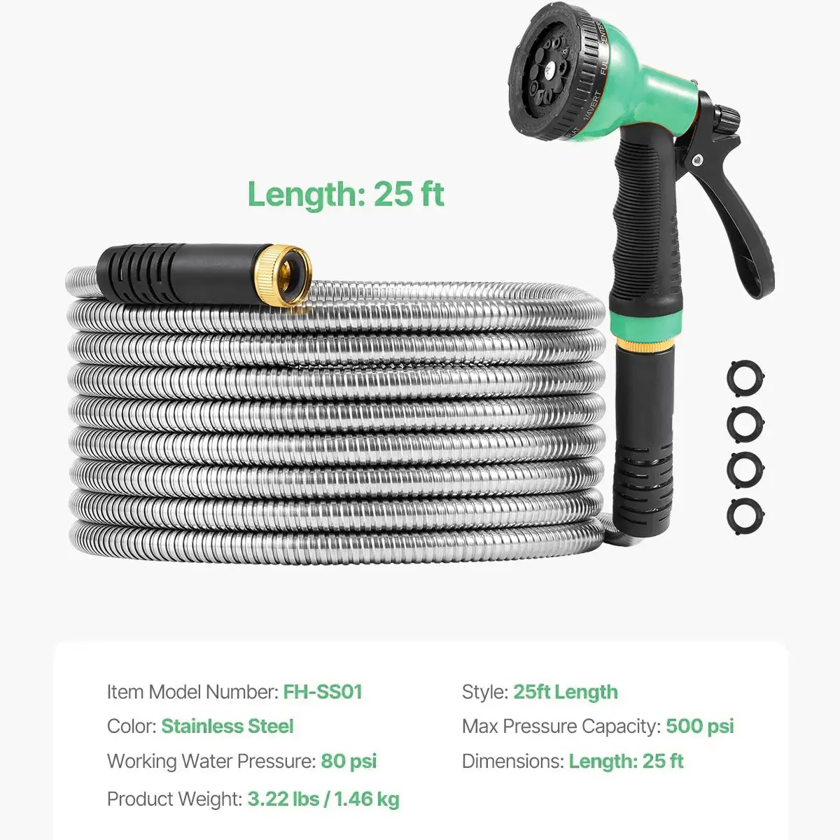 Heavy Duty Stainless Steel Garden Hose – 25FT Flexible No-Kink Metal Water Hose with 10-Way Spray Nozzle, Rust-Proof, Lightweight, Leak-Proof Connectors – Ideal for Yard, Car Wash, RV, Pet Bathing – American Standard