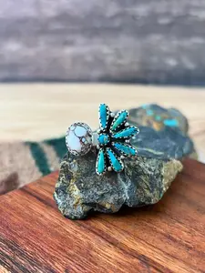 Handmade Sterling Silver Kingman Turquoise with Wildhorse Magnesite Adjustable Ring "Signed Nizhoni"