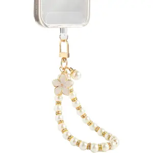 Fancy Beaded Cell Phone Wrist Strap, Hands-Free Cute Wristlet Chain Bracelet, Detachable Lanyard for iPhone, Samsung and Most Smartphones - Anti-Lost Versatile Charm for Bag | White Flower&Pearls