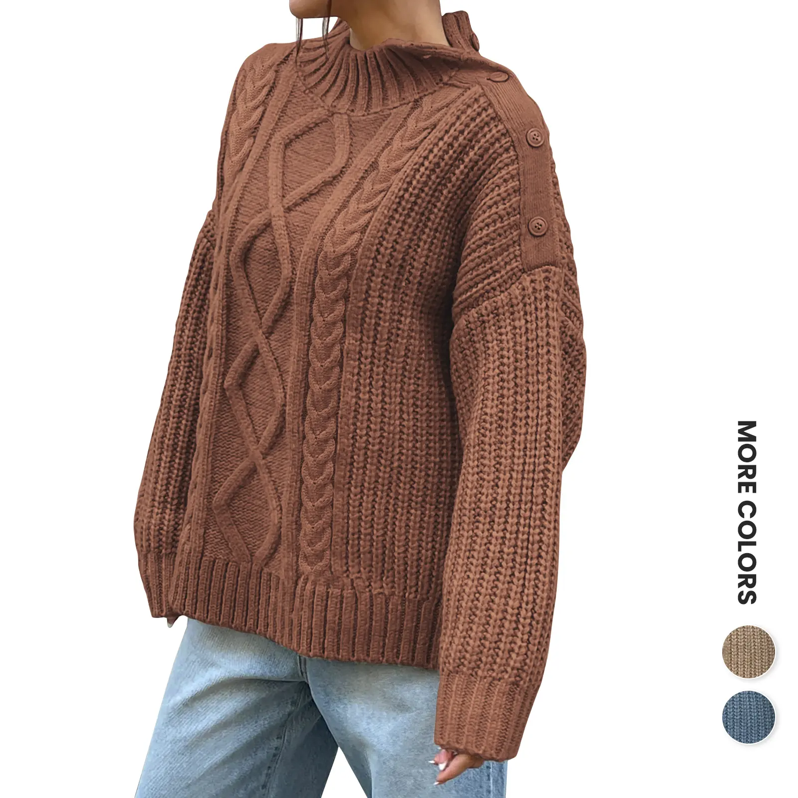 Women's Oversized Cable Knit Turtleneck Pullover, Fall-Winter Trendy Button-Up Chunky Sweater