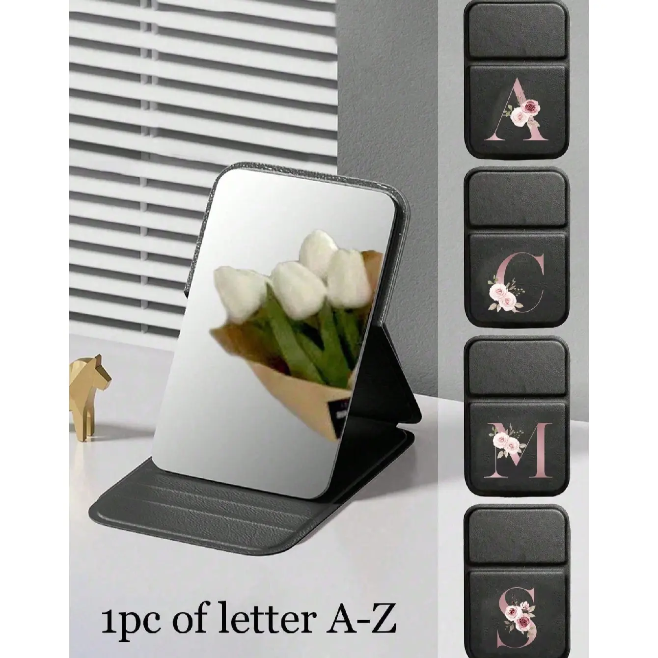 Mini Elegant Floral Letter Folding Portable Makeup Mirror, A-Z Letter Makeup Mirror with Stand, Travel Makeup Mirror, Desktop Compact Foldable, Travel Hand Mirror