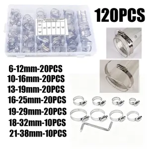 120pcs Stainless Steel American Cross Clamp Set, Soft Tube Clamps 6-38mm, Hardware Kit for Water Pipes, Gas Piping, Washing Machine Tubes