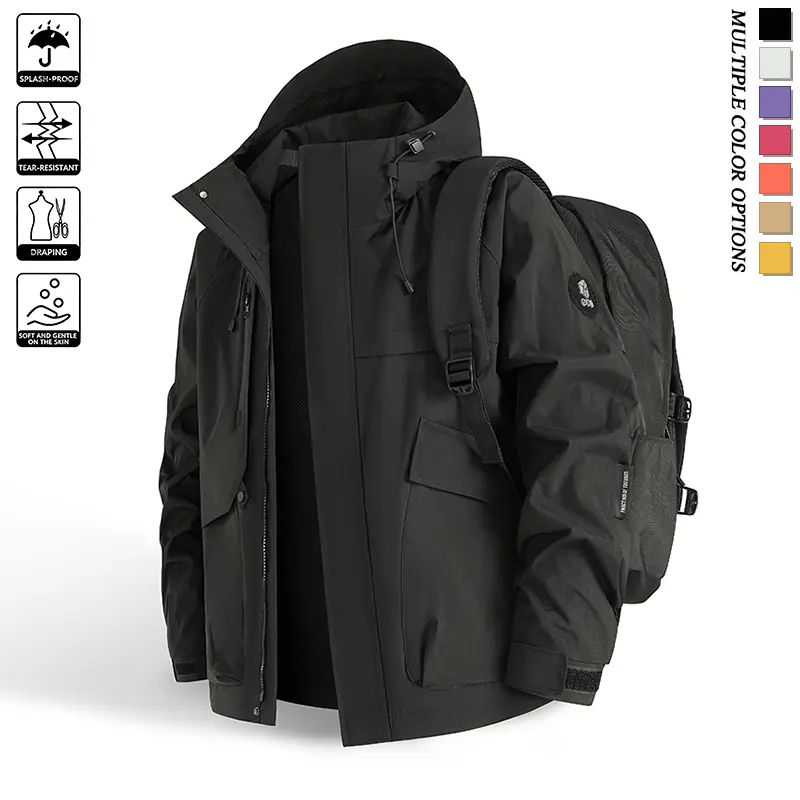 Men’s Polyester Water Resistant Ripstop Tactical Jacket Multi Pocket Hooded Windproof Utility Outerwear with Adjustable Hood, Cuffs, Cargo Design for Hiking, Camping, Fall Winter Casual Wear (Plain/Patchwork Options)