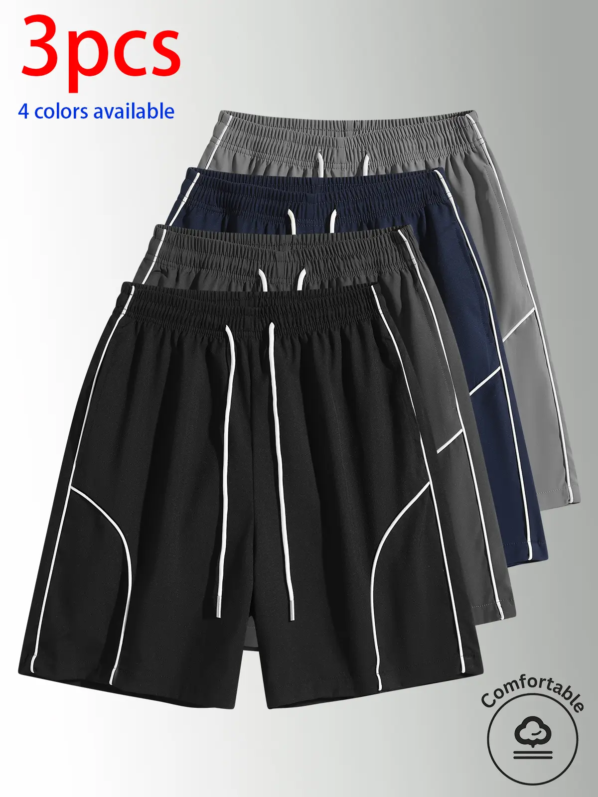 3-pack men’s summer shorts: loose athletic shorts with a wide-leg fit and drawstring waist; side double-layer white stripe curved split design; available in multiple colors; suitable for daily commuting and holiday travel; minimalist solid-color, versatil