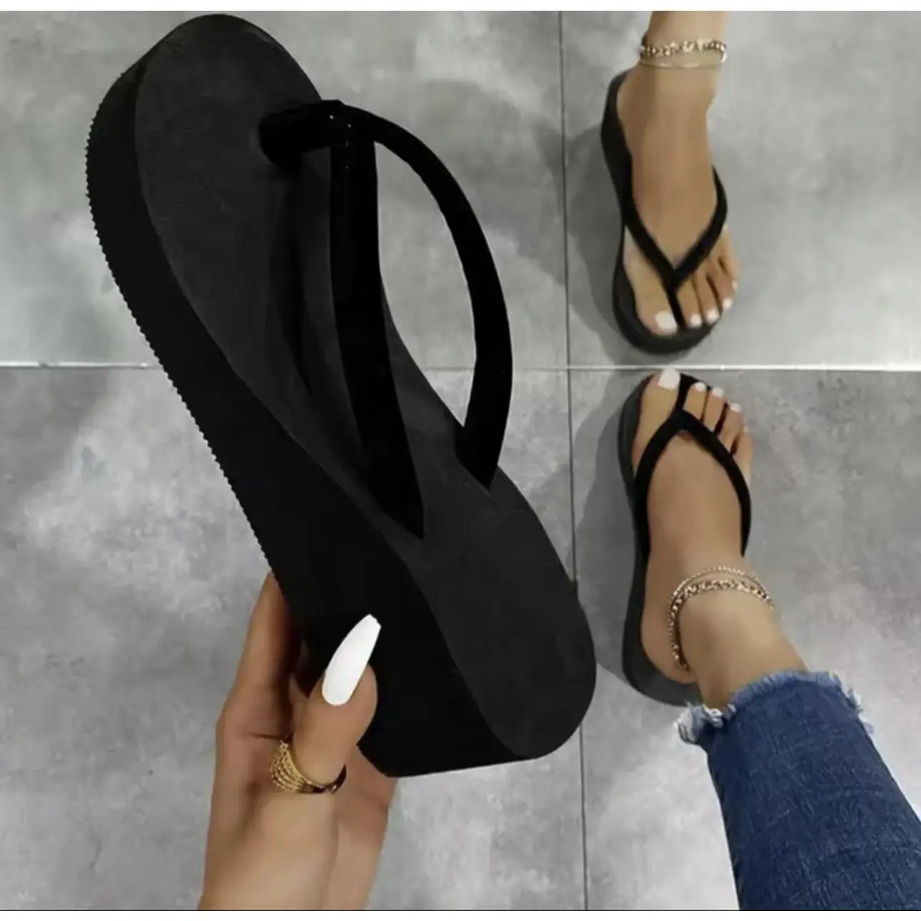 Black Platform Flip Flops for Women - Comfortable & Stylish Summer Sandals with Thick Sole & Adjustable Straps