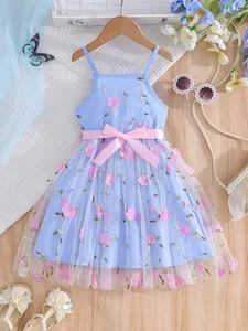 Young Girls Summer Simple Fashion Dress, Floral and Plant Mesh, Waistband Decoration, Casual Elegant Sleeveless Halter Dress, Bow Dress