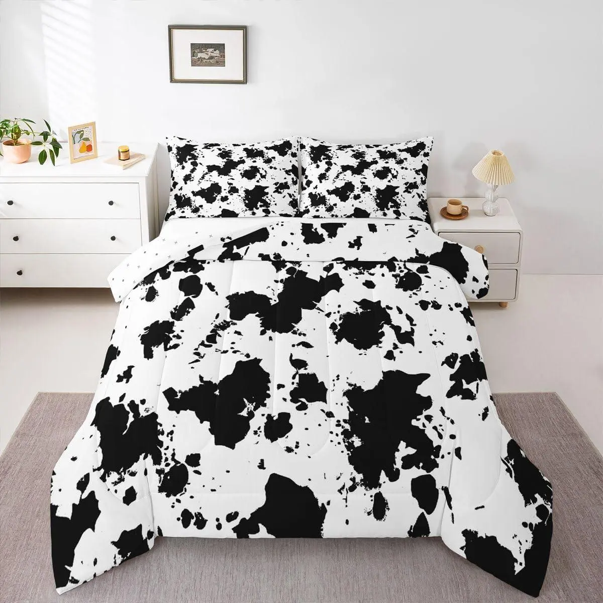 Cow Print Comforter Set Cartoon Milk Cow Bedding Set Black White Duvet Quilt Bedroom Leopard Decor Microfiber Ultra Soft Breathable